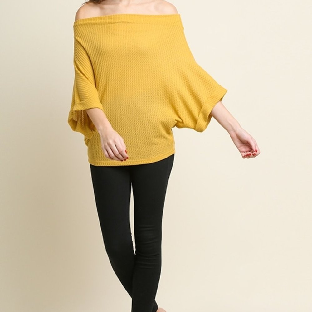 Waffle Knit Cuffed 3/4 Dolman Sleeve Off Shoulder Top